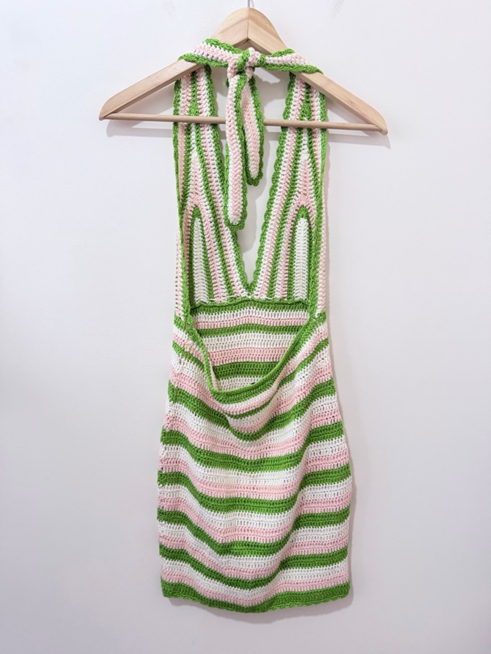 Crochet Knit Mini Dress Grandmacore Festival Granny Square  Halter Striped 8 - Picture 5 of 9